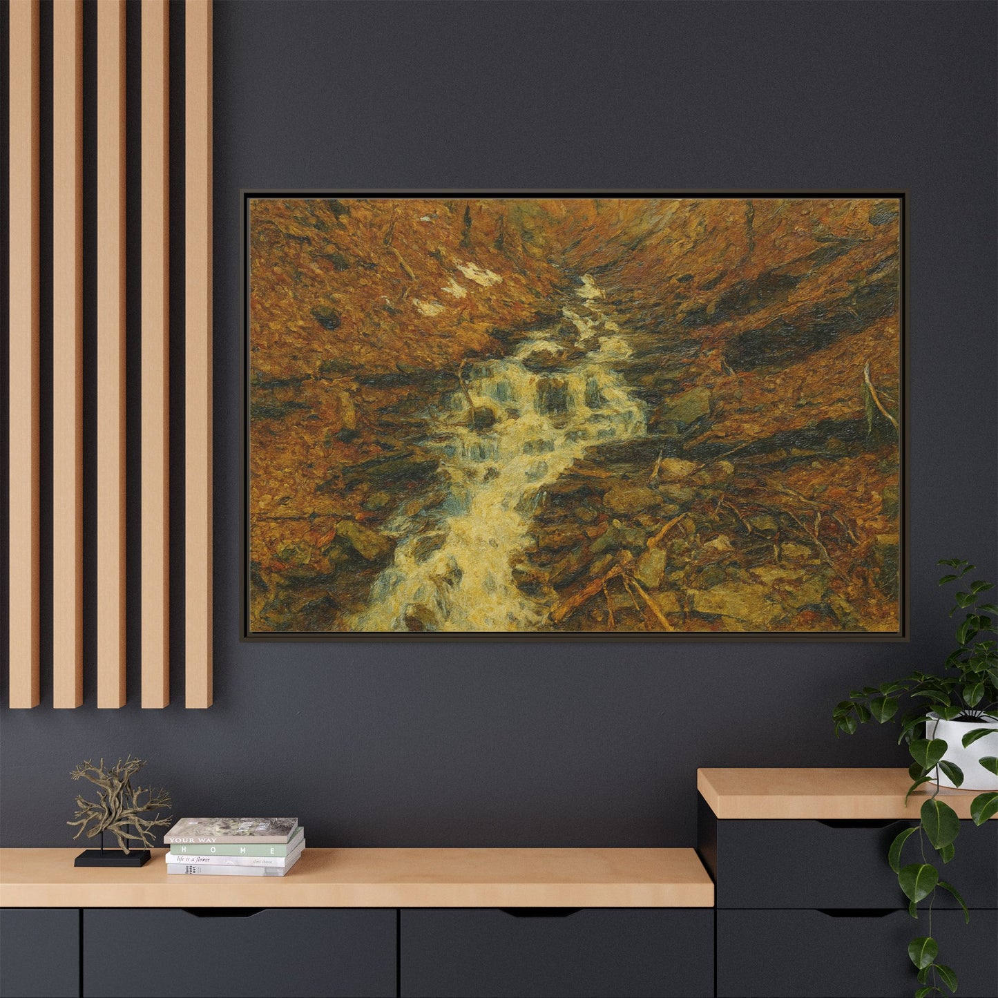Framed matte canvas print of autumn stream landscape artwork by Printify, showcasing vibrant fall colors and natural scenery.