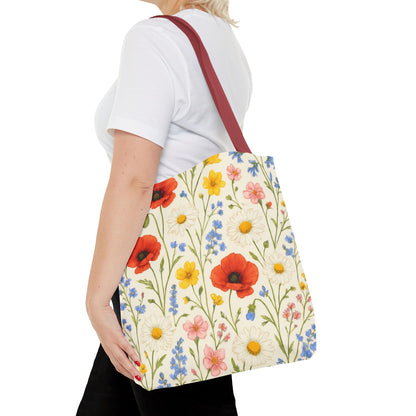 Wildflower Poppy print tote bag by Printify featuring a floral all-over pattern, showing the spacious bag with colorful poppy flowers.