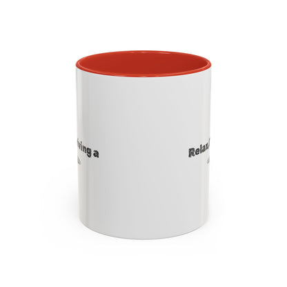 Ceramic coffee mug with "Relax, I’m Driving" UFO design in 11 oz size, featuring vibrant colors and a UFO accent print.