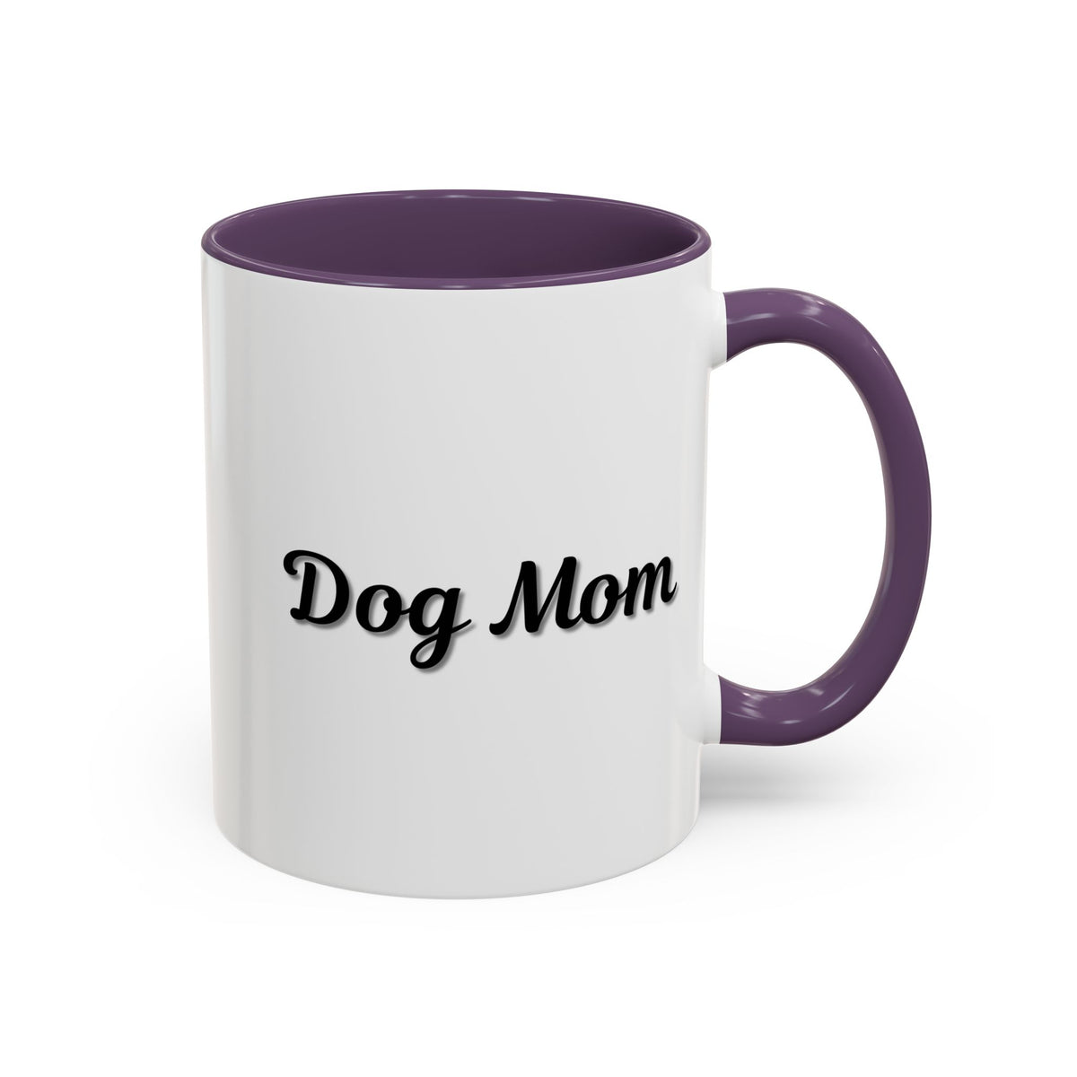 Dog Mom Accent Coffee Mug — white ceramic coffee mug with retro script "Dog Mom" print, colored interior and C-handle, 11oz/15oz, additional angle