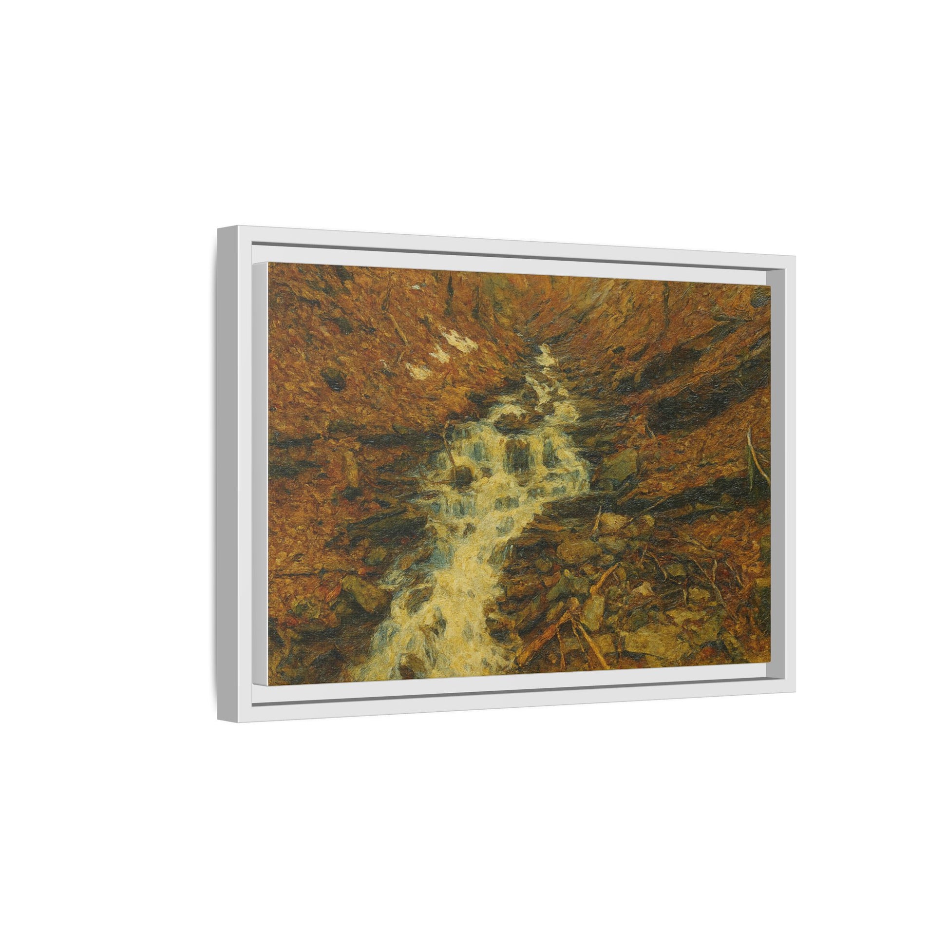 Framed matte canvas print of autumn stream landscape artwork by Printify, featuring vibrant fall colors and serene nature scene.