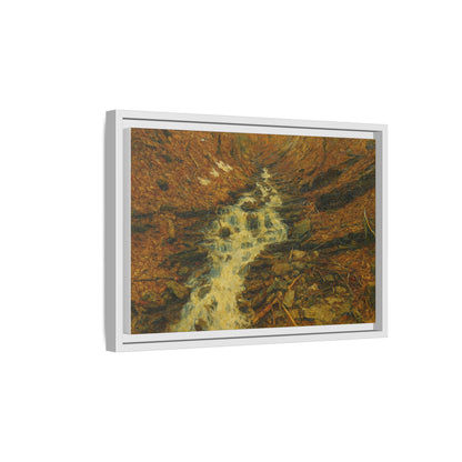 Framed matte canvas print of autumn stream landscape artwork by Printify, featuring vibrant fall colors and serene nature scene.