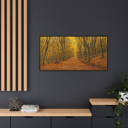 Printify Autumn Forest Path matte canvas framed wall art showing a scenic forest trail with trees in fall colors.