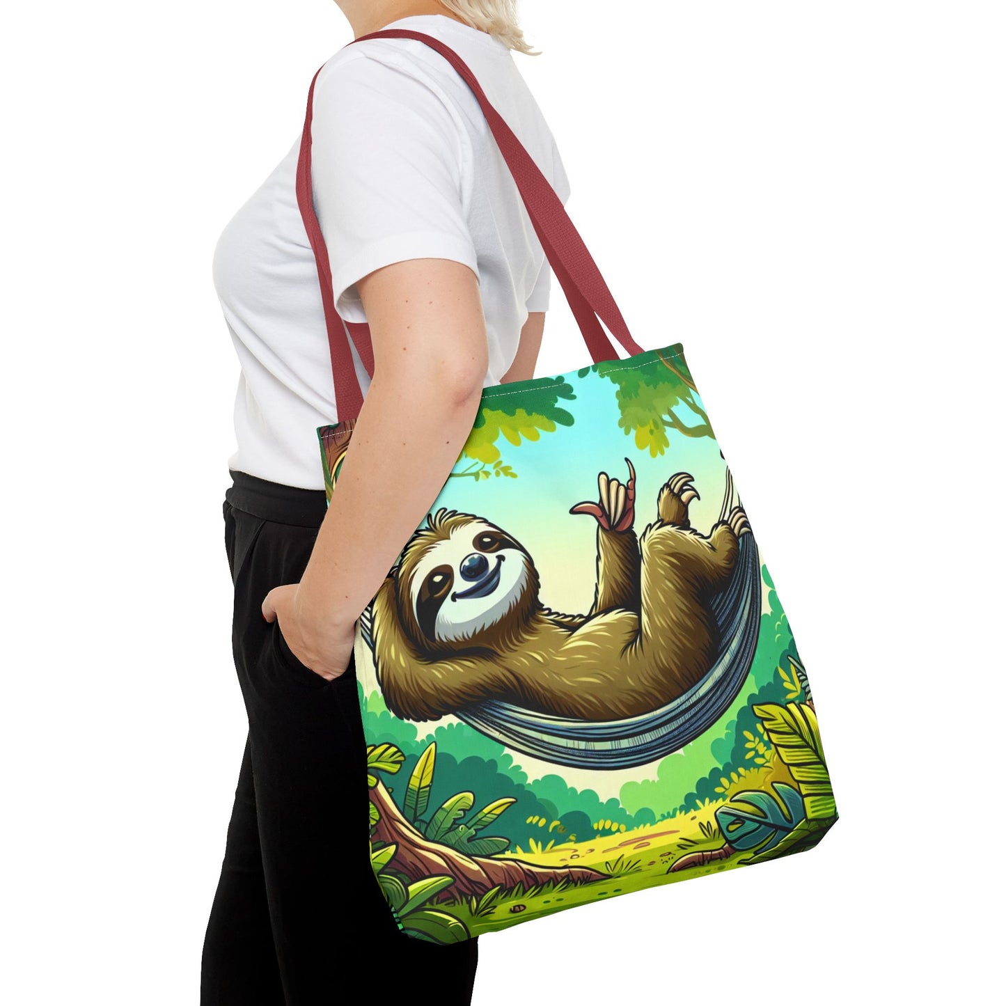 Eco-friendly sloth tote bag by Printify featuring a cute sloth design, perfect for animal lovers and casual carrying.