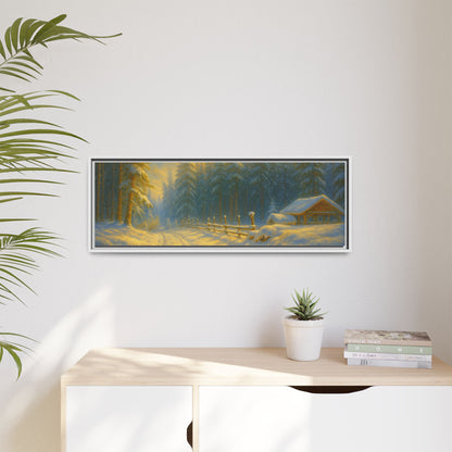 Framed winter cabin canvas print featuring a snowy forest sunset wall art by Printify, showcasing a cozy mountain scene.
