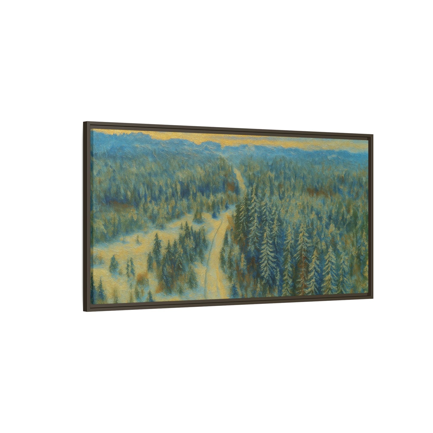 Framed matte canvas print of a serene winter forest landscape by Printify, showcasing snow-covered trees and peaceful scenery.