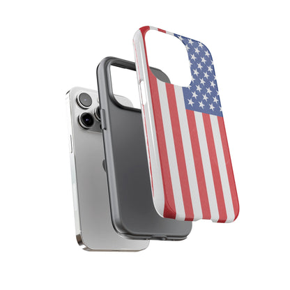 Durable American flag tough phone case for iPhone, patriotic design, made by Printify, with rugged protective features.