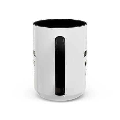 Black ceramic mug with "Life Happens Coffee Helps" text, 11oz or 15oz size, with black handle and rim, by Printify.