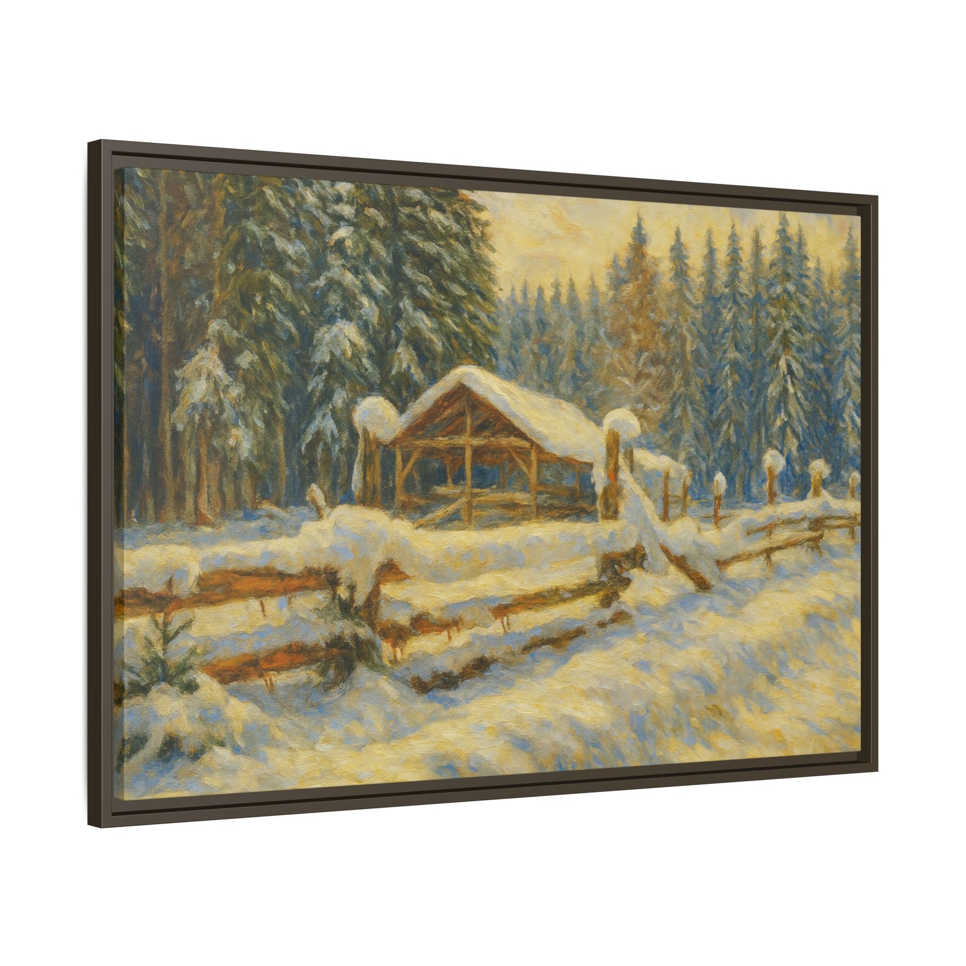 Snowy cabin matte canvas wall art featuring a winter landscape painting, framed and perfect for cozy home decor.