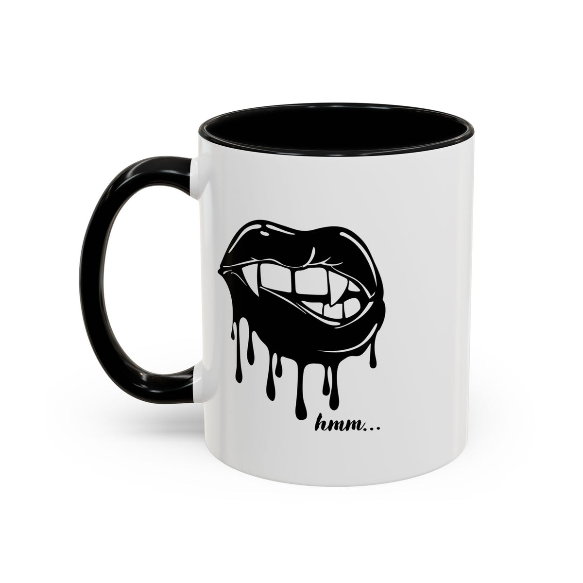 Black Dripping Lips Accent Coffee Mug with Bite graphic, 11oz or 15oz, featuring bold, artistic lips design on ceramic mug.