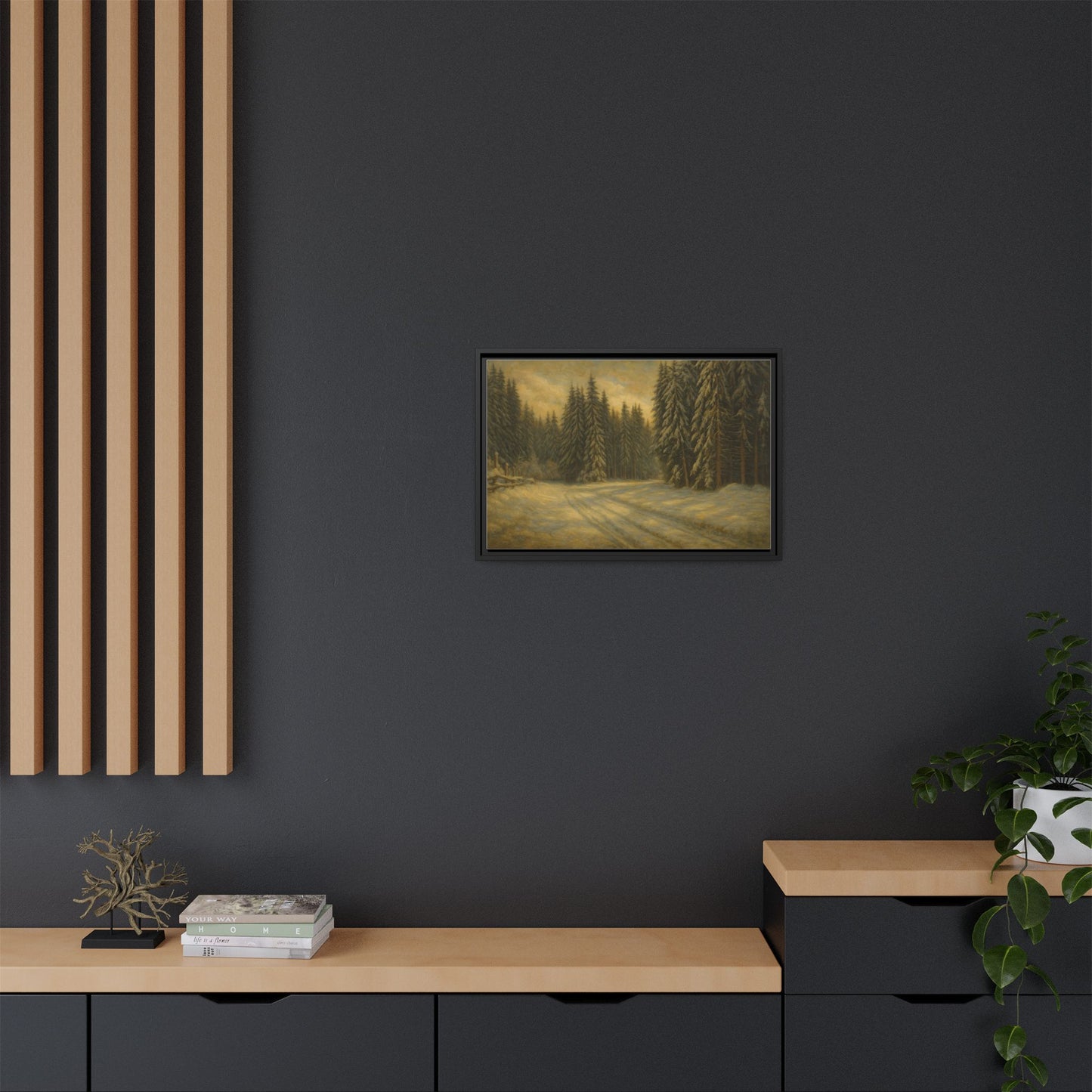 Framed matte canvas wall art featuring a winter forest landscape, showcasing trees and snow in a serene outdoor scene.
