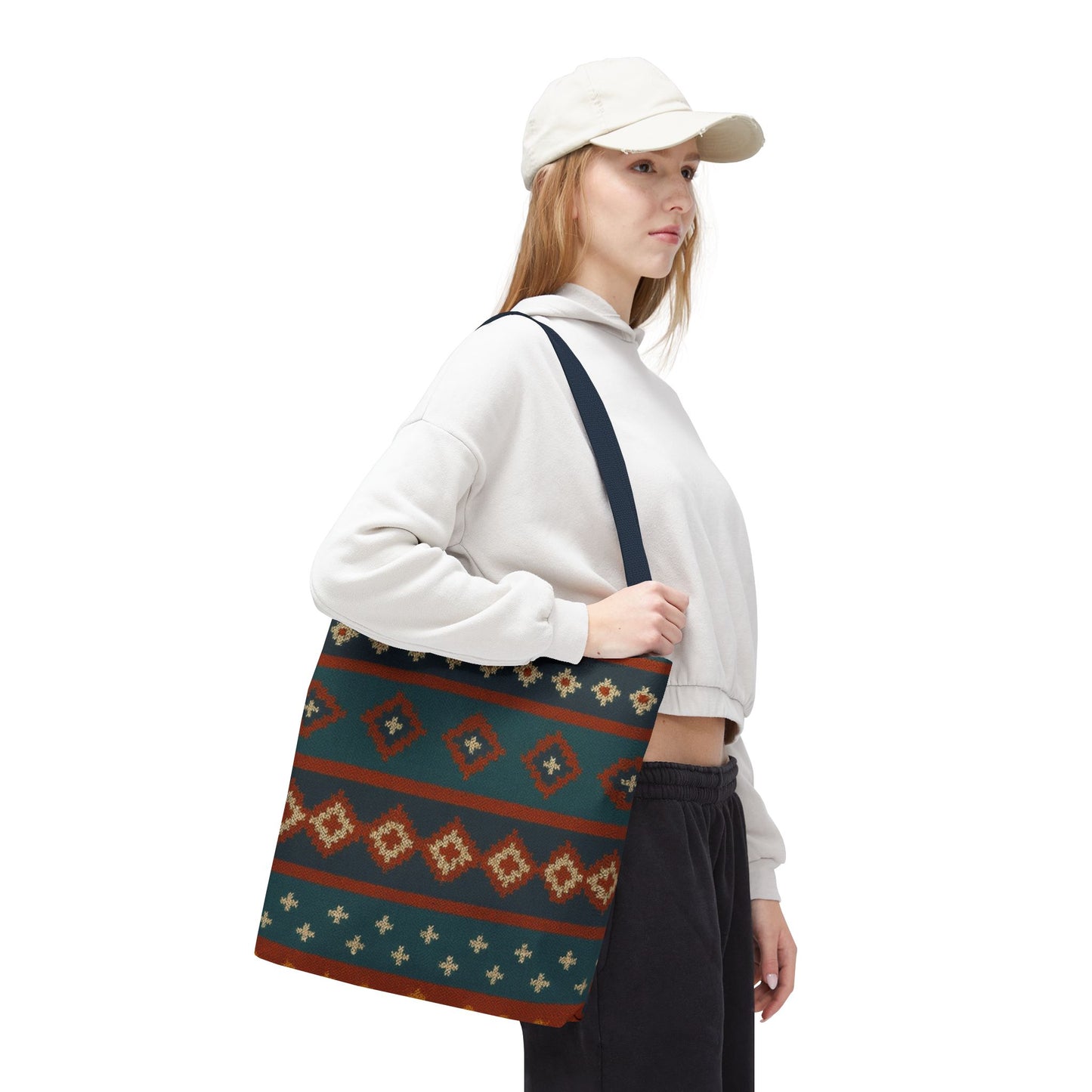 Southwestern diamond pattern tote bag with Aztec tribal geometric print, featuring sturdy handles and vibrant design.