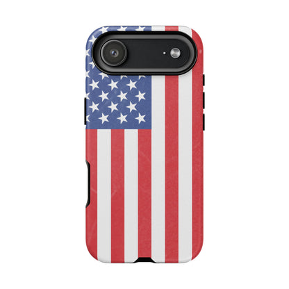 American flag tough phone case for iPhone and Samsung, patriotic protective cover with durable design by Printify.