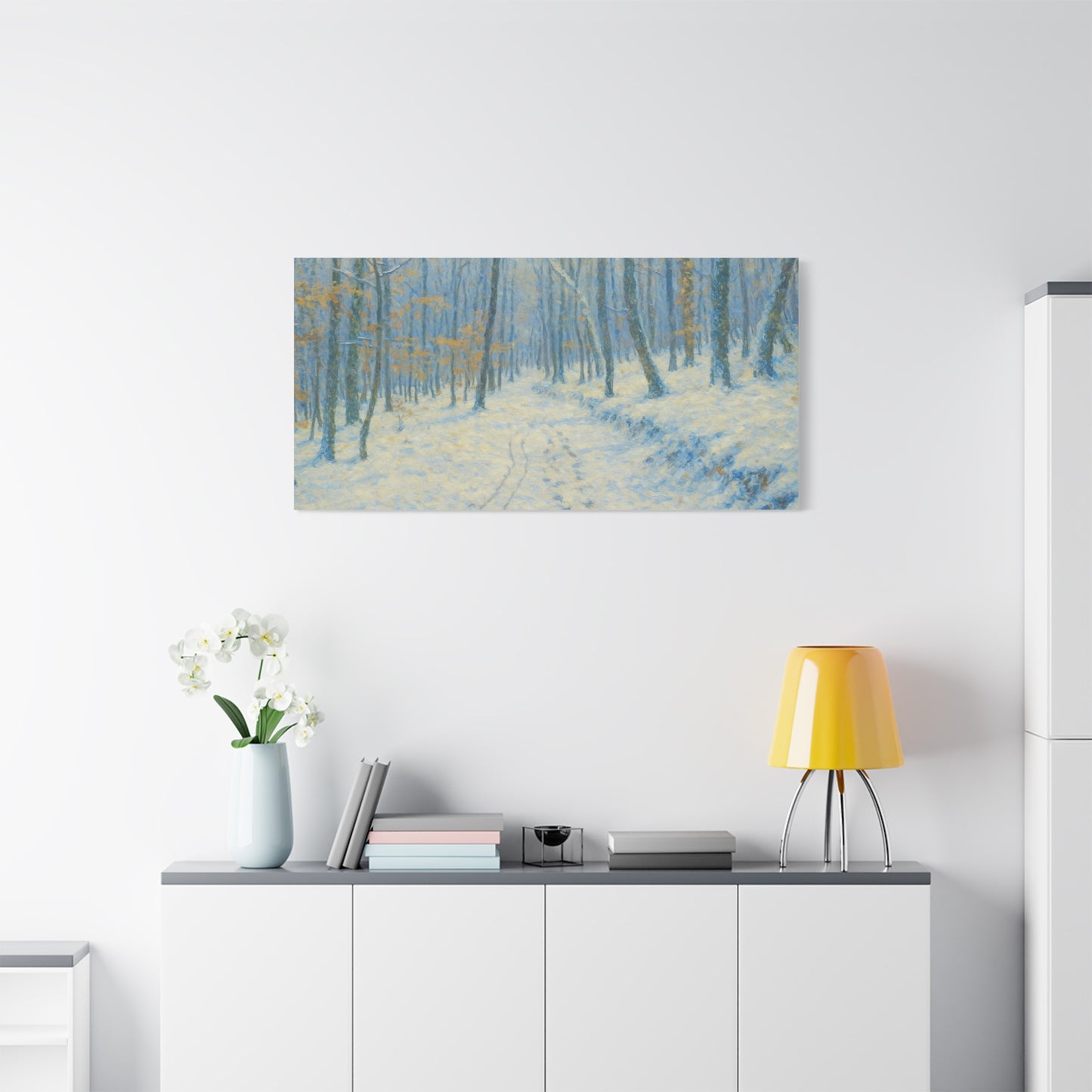 Winter woodland canvas print featuring a snowy forest scene, matte finish, stretched wall art by Printify.