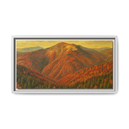 Autumn mountain matte canvas framed wall art by Printify showing a scenic mountain landscape in warm autumn colors.