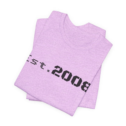Black graphic T-shirt by Printify featuring "Established 2008" minimal design on the front, casual fit and soft fabric.