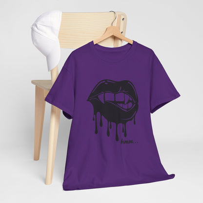 Black graphic T-shirt by Printify featuring a dripping lips 'hmm...' bite design on the front.