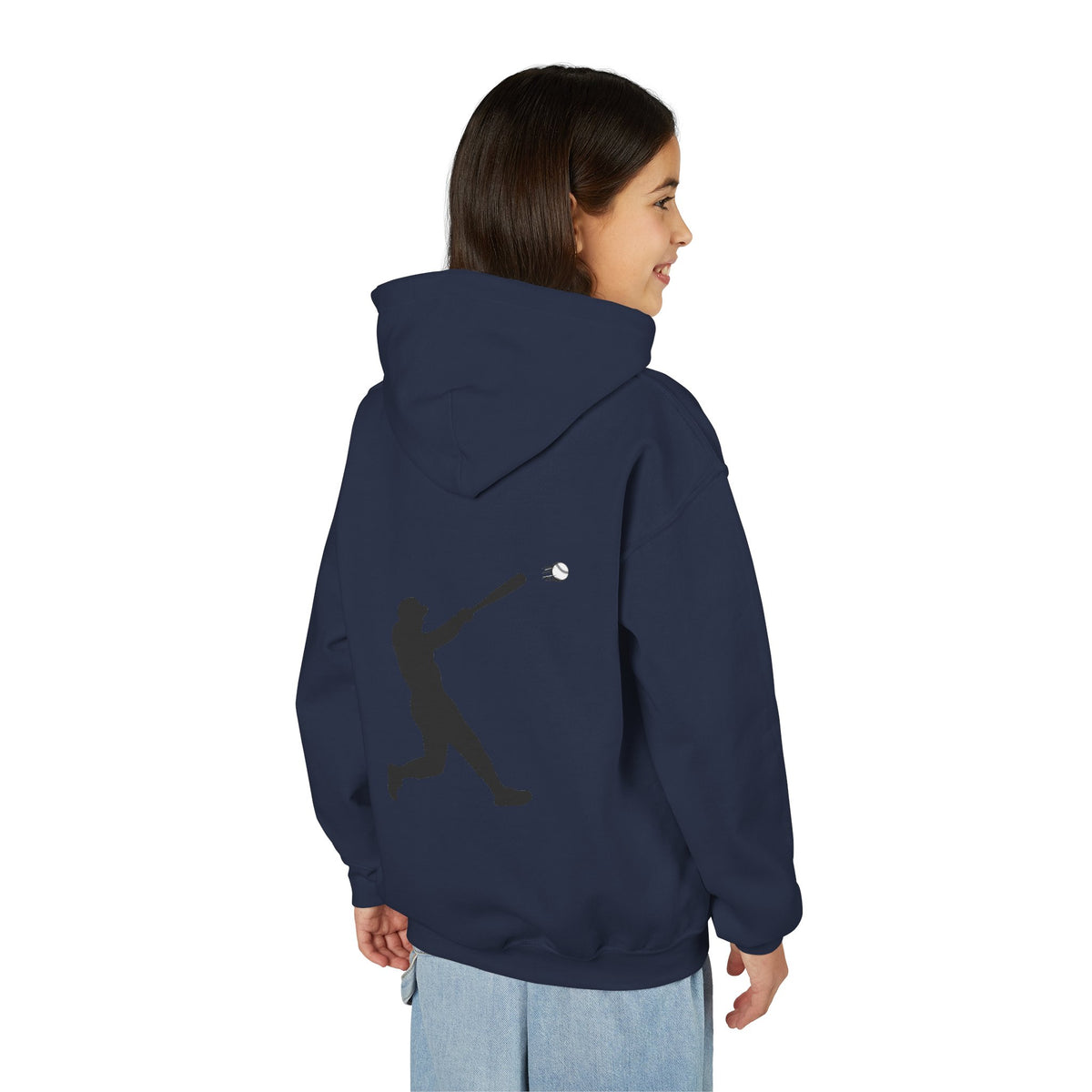 Kids youth baseball silhouette hoodie featuring a baseball player design, comfortable pullover for boys and girls.