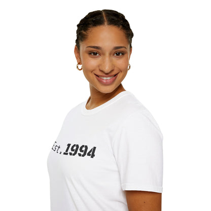Vintage 1994 Est. graphic T-shirt by Printify featuring bold "Born 1994" design on black cotton fabric.