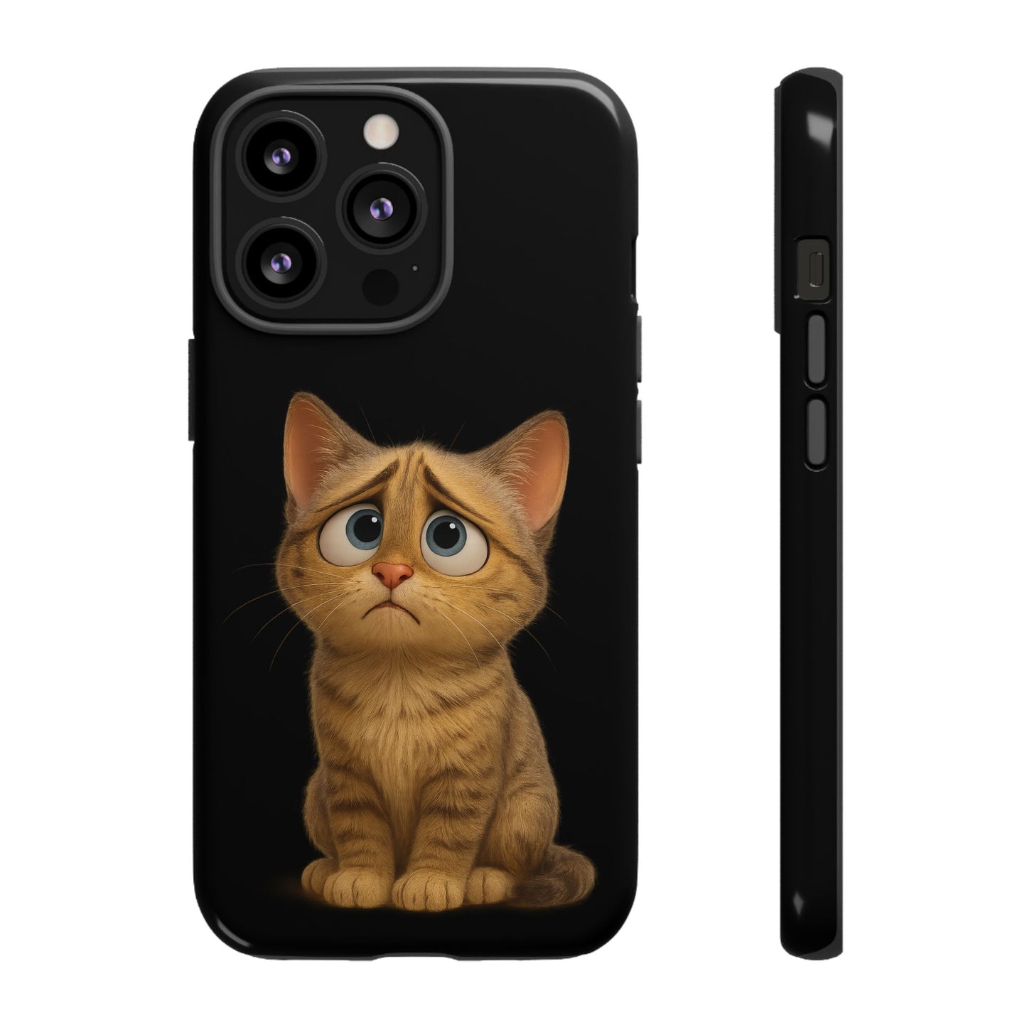 Cute sad kitty design phone case for iPhone, protective cat-themed case by Printify with a charming, expressive feline illustration.