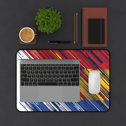 Abstract Flag Brushstroke Desk Mat — Colorful Red, Yellow & Blue Gaming/Office Mousepad