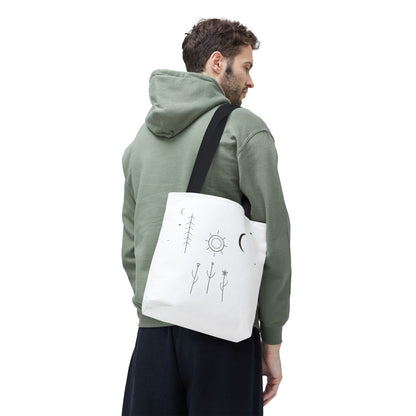 Minimal Moon and Sun botanical tote bag featuring celestial line art design, stylish and eco-friendly Printify bag for daily use.