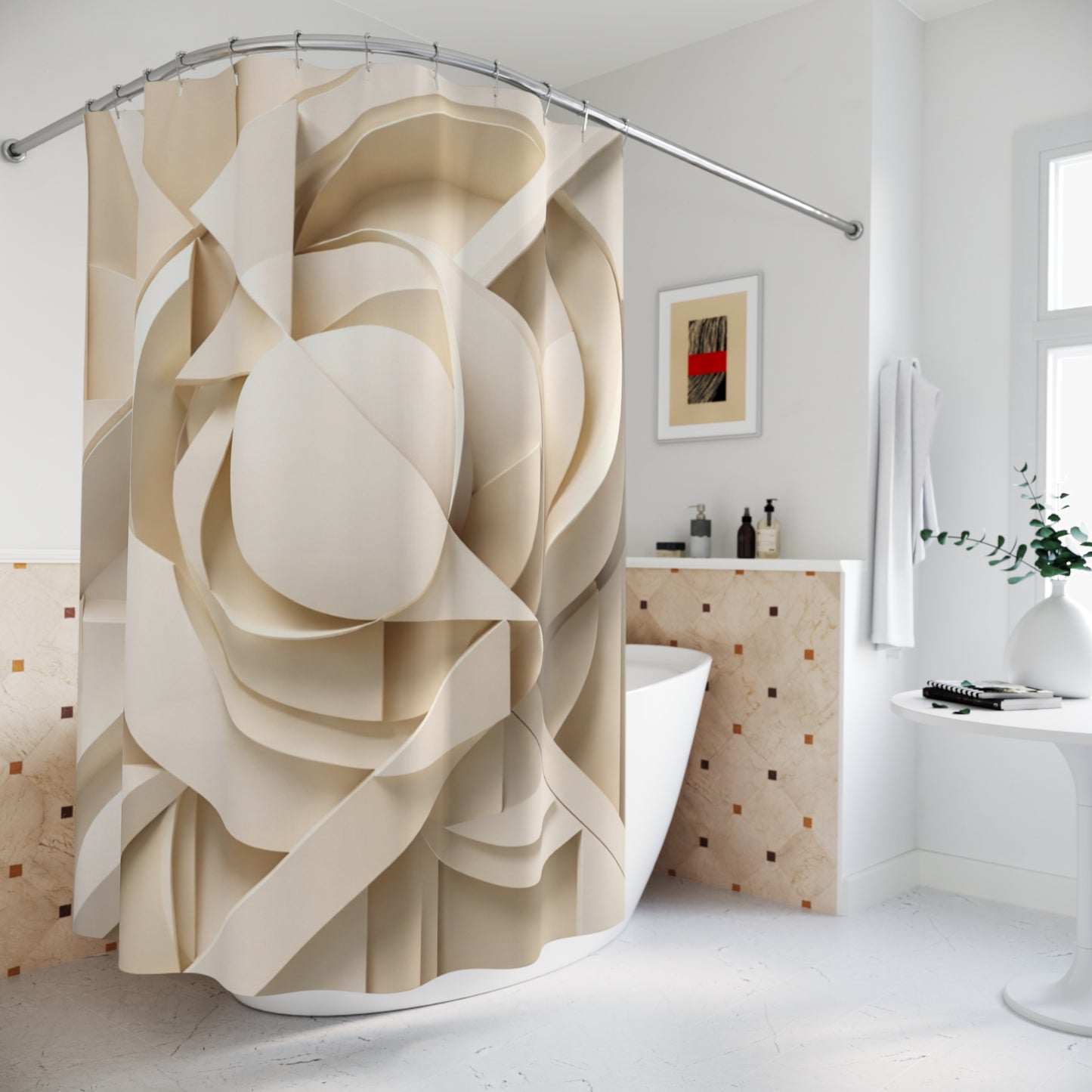 Neutral Geometric Abstract Sculpture Shower Curtain | 3D Beige Art