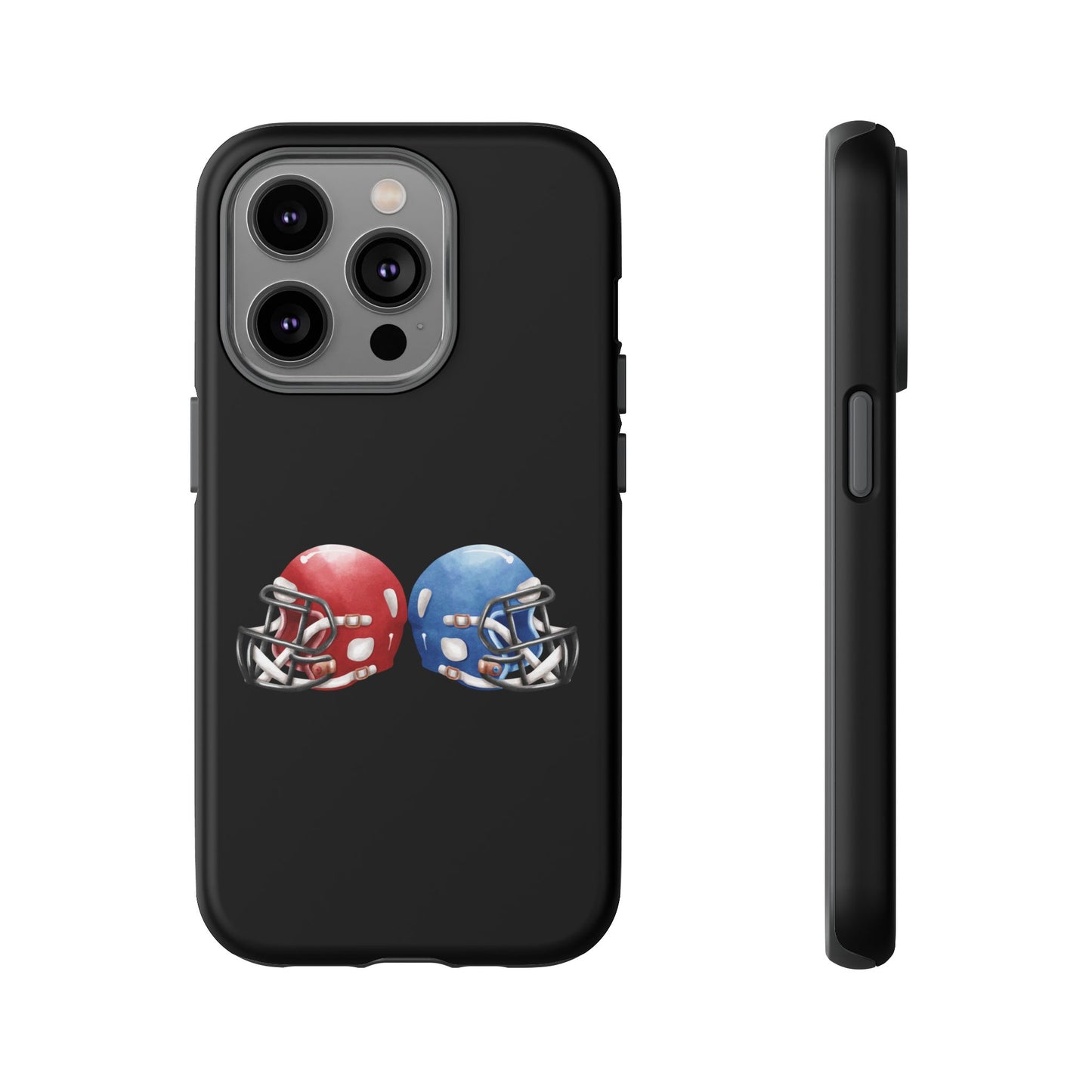 Red and blue football helmet print phone case for iPhone, protective tough cover by Printify featuring sports-themed design.