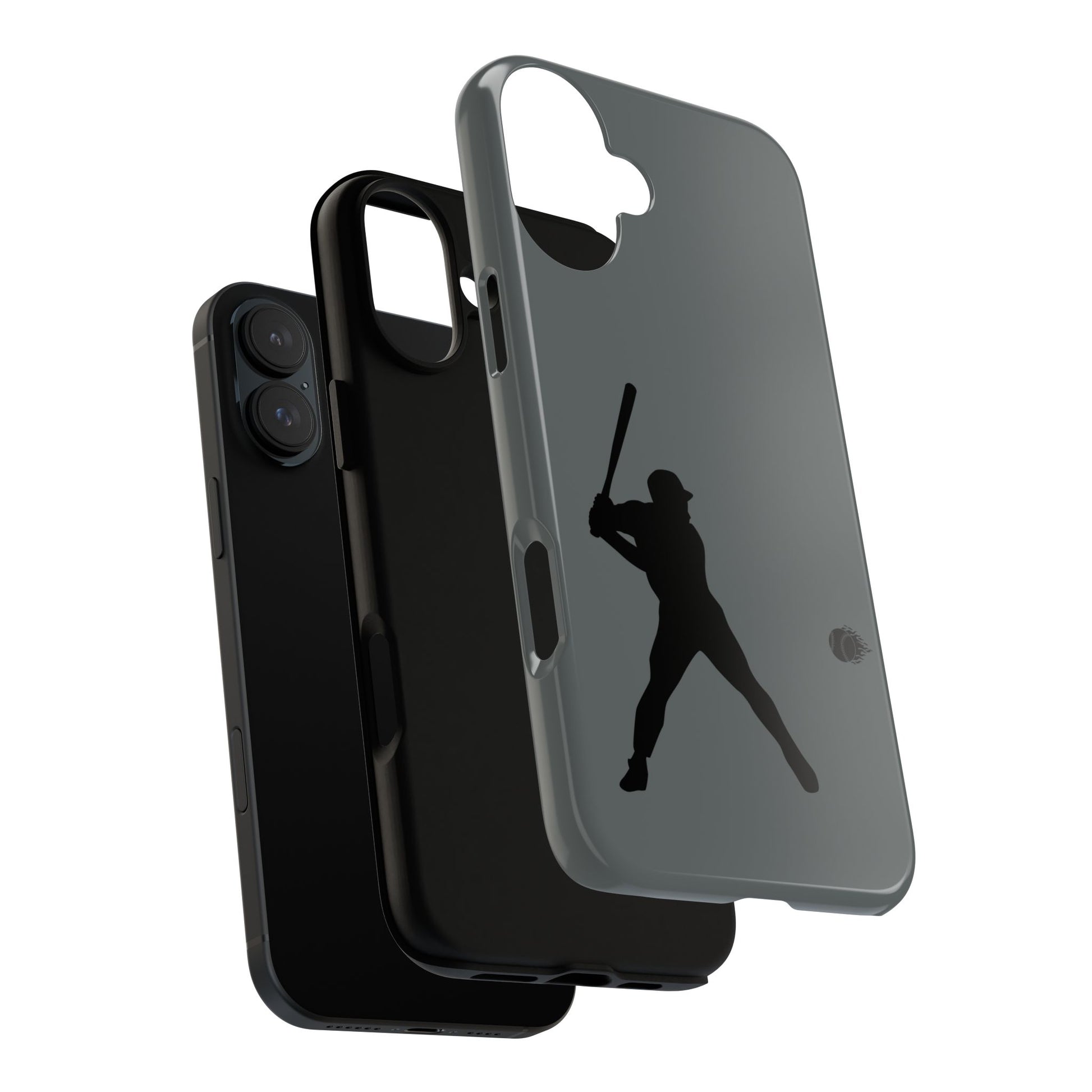 Black iPhone case with a baseball silhouette design, protective sporty Printify phone cover for iPhone models.