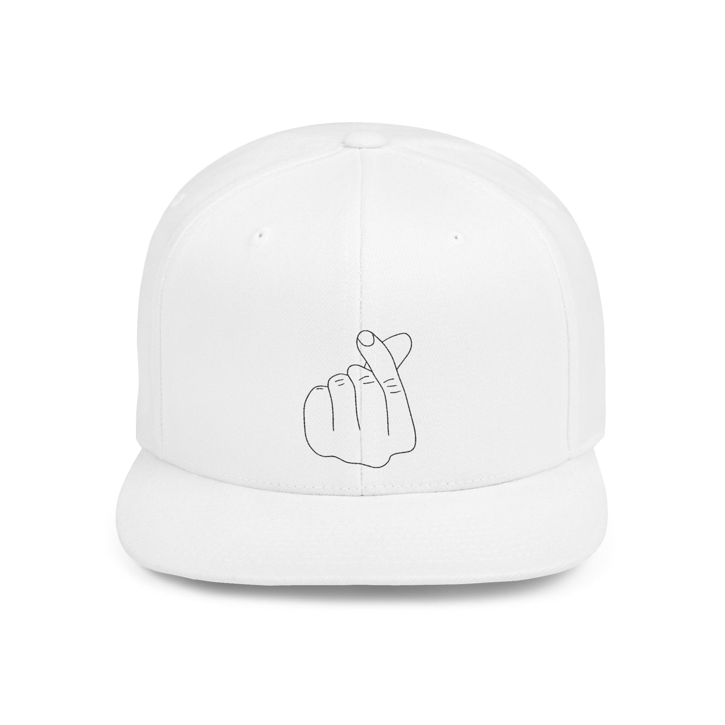 Minimalist hand gesture flat bill snapback hat by Printify, featuring a simple design and adjustable strap.