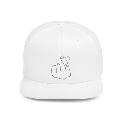Minimalist hand gesture flat bill snapback hat by Printify, featuring a simple design and adjustable strap.