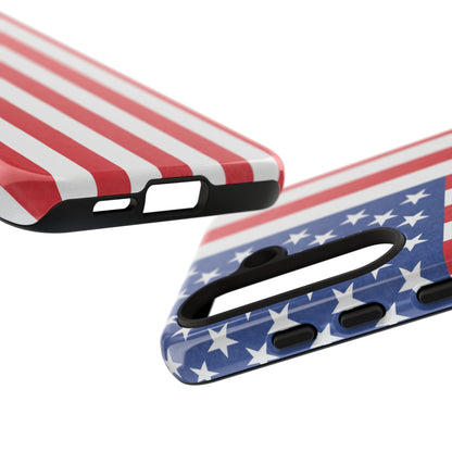 American flag tough phone case for iPhone and Samsung, patriotic protective cover with bold flag design by Printify