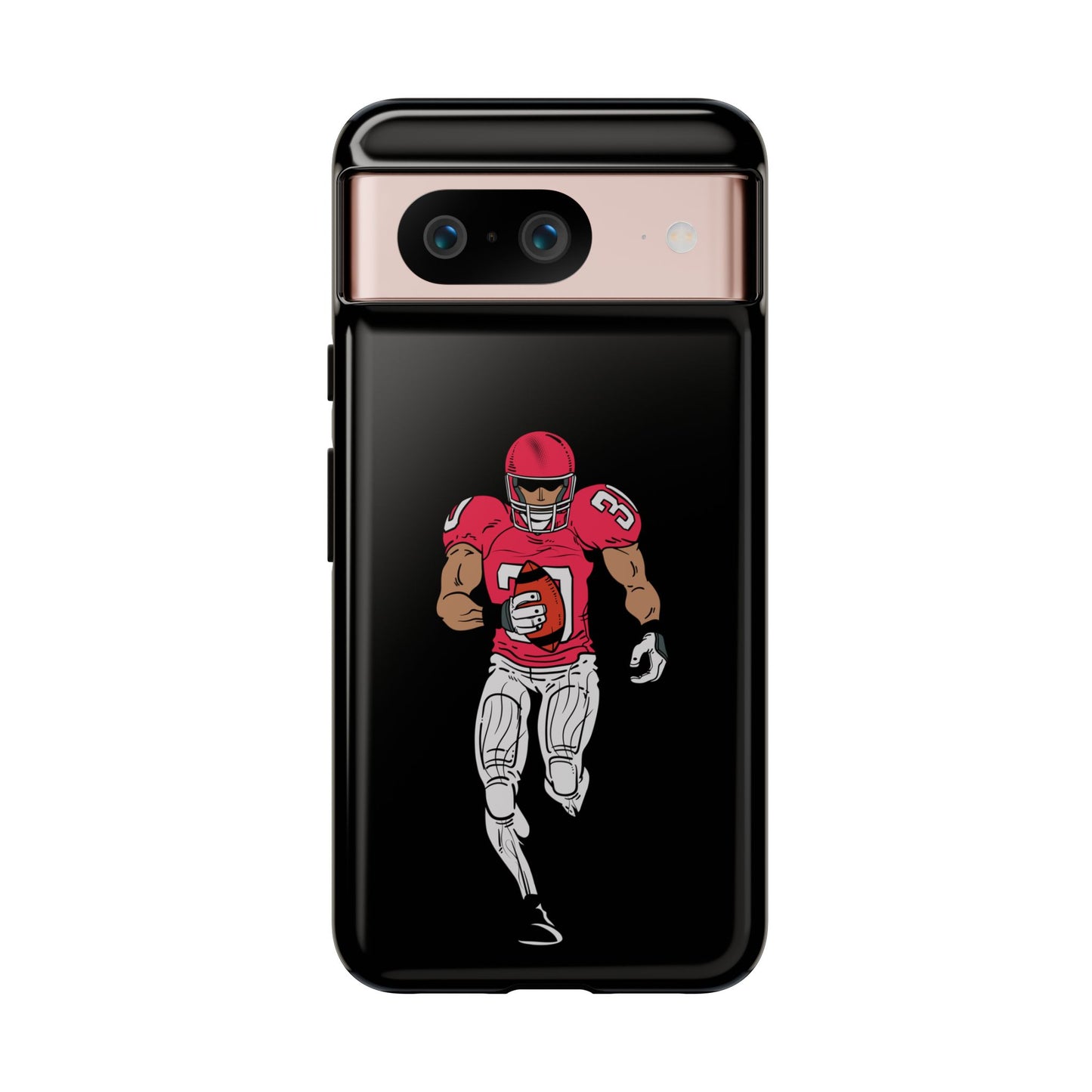Black football player tough phone case for iPhone, protective sports design by Printify with athletic graphics.