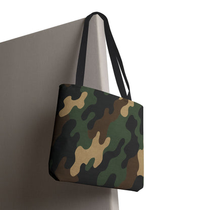 Camo pattern tote bag by Printify featuring all-over printed canvas carryall with sturdy handles and spacious interior.