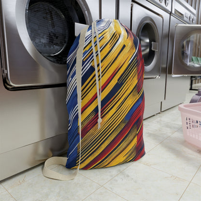 Colorful abstract brushstroke laundry bag in red, yellow, and blue tote for dorms and travel by Printify.