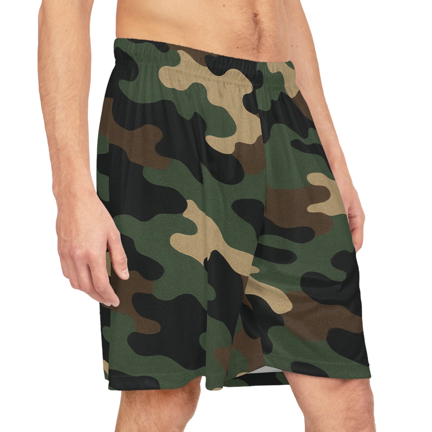 Green woodland camo all-over print basketball shorts by Printify, athletic shorts with woodland camouflage pattern.