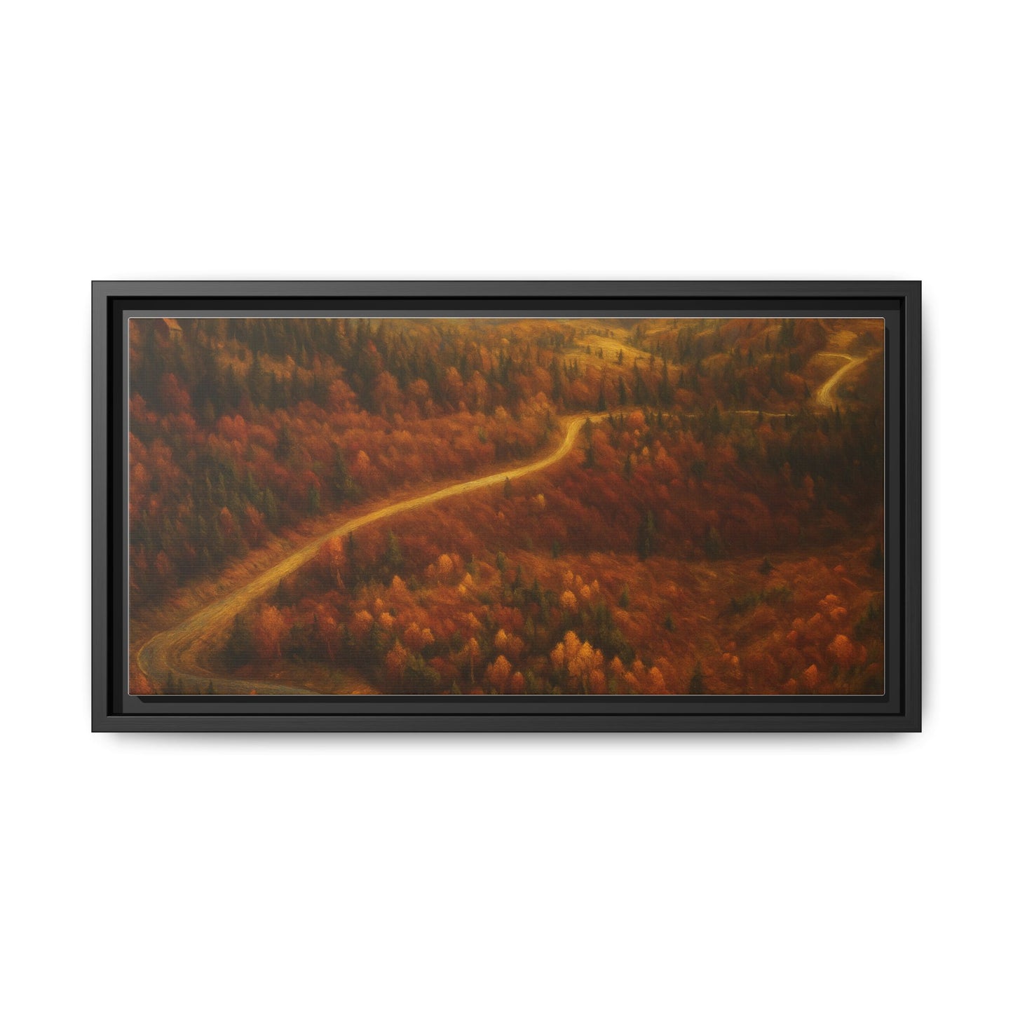 Framed matte canvas print of a forest road landscape art by Printify, featuring autumn trees and a scenic woodland path.