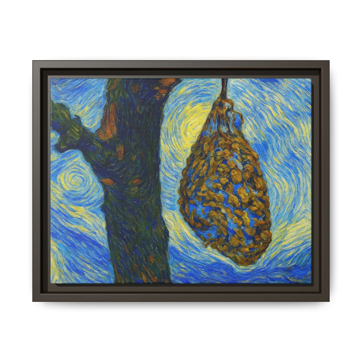 Framed matte canvas art of a starry nut cluster hanging from a dried plum tree, by Printify, displayed on a wall.