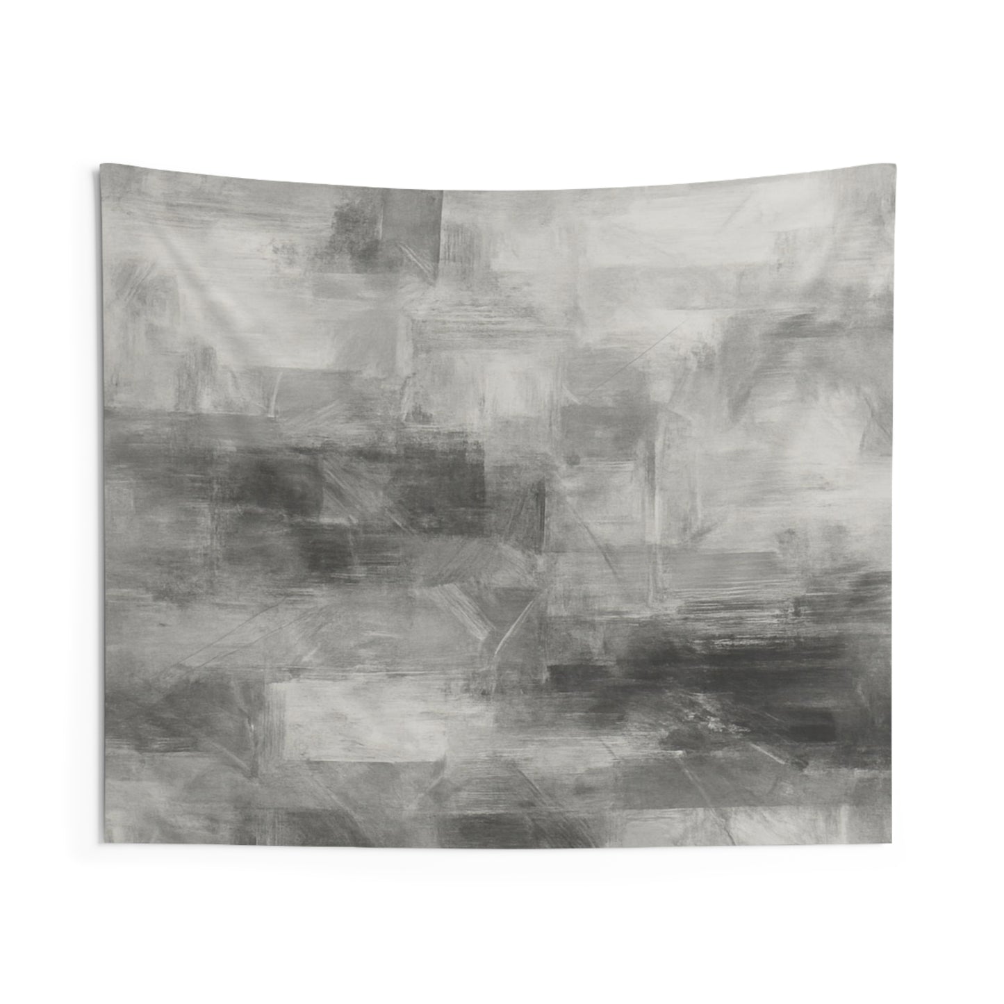 Black and white minimalist wall tapestry hanging in a bedroom or living room, showcasing modern design and fabric texture.