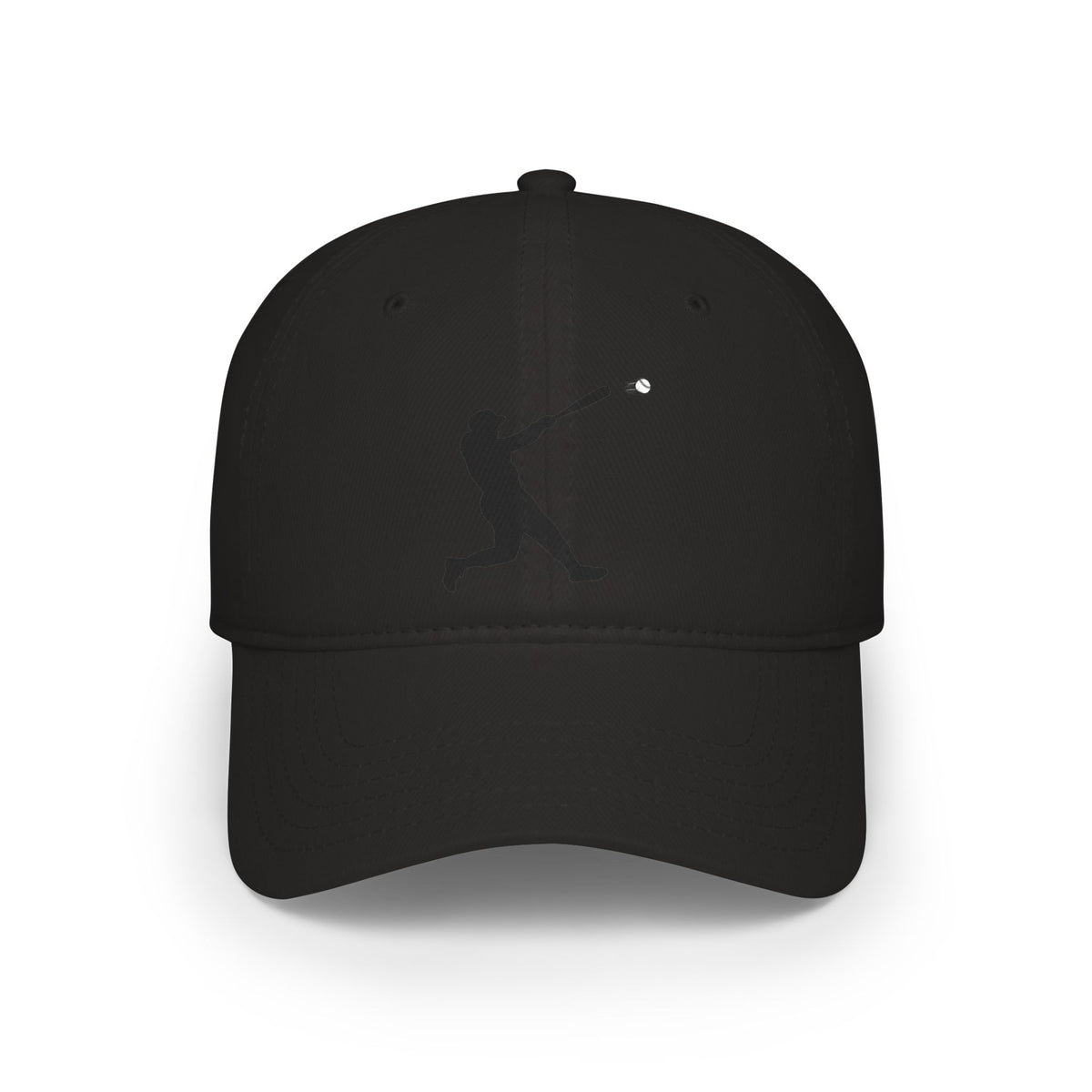 Silhouette Batter baseball cap by Printify, black hat featuring a baseball player batter design on the front.