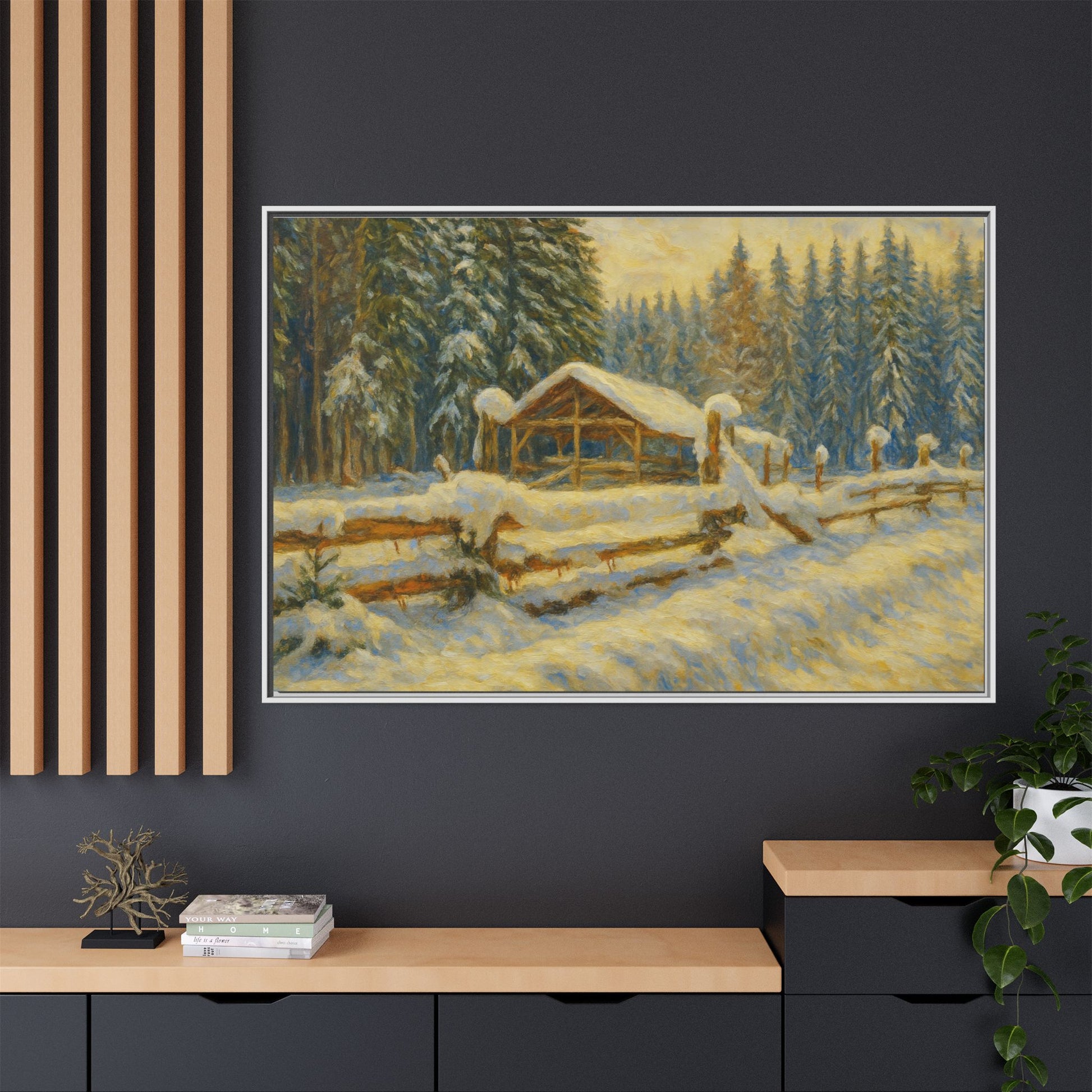 Snowy cabin winter landscape canvas wall art by Printify, featuring a cozy cabin surrounded by snow and trees in a winter scene.