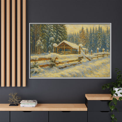 Snowy cabin winter landscape canvas wall art by Printify, featuring a cozy cabin surrounded by snow and trees in a winter scene.