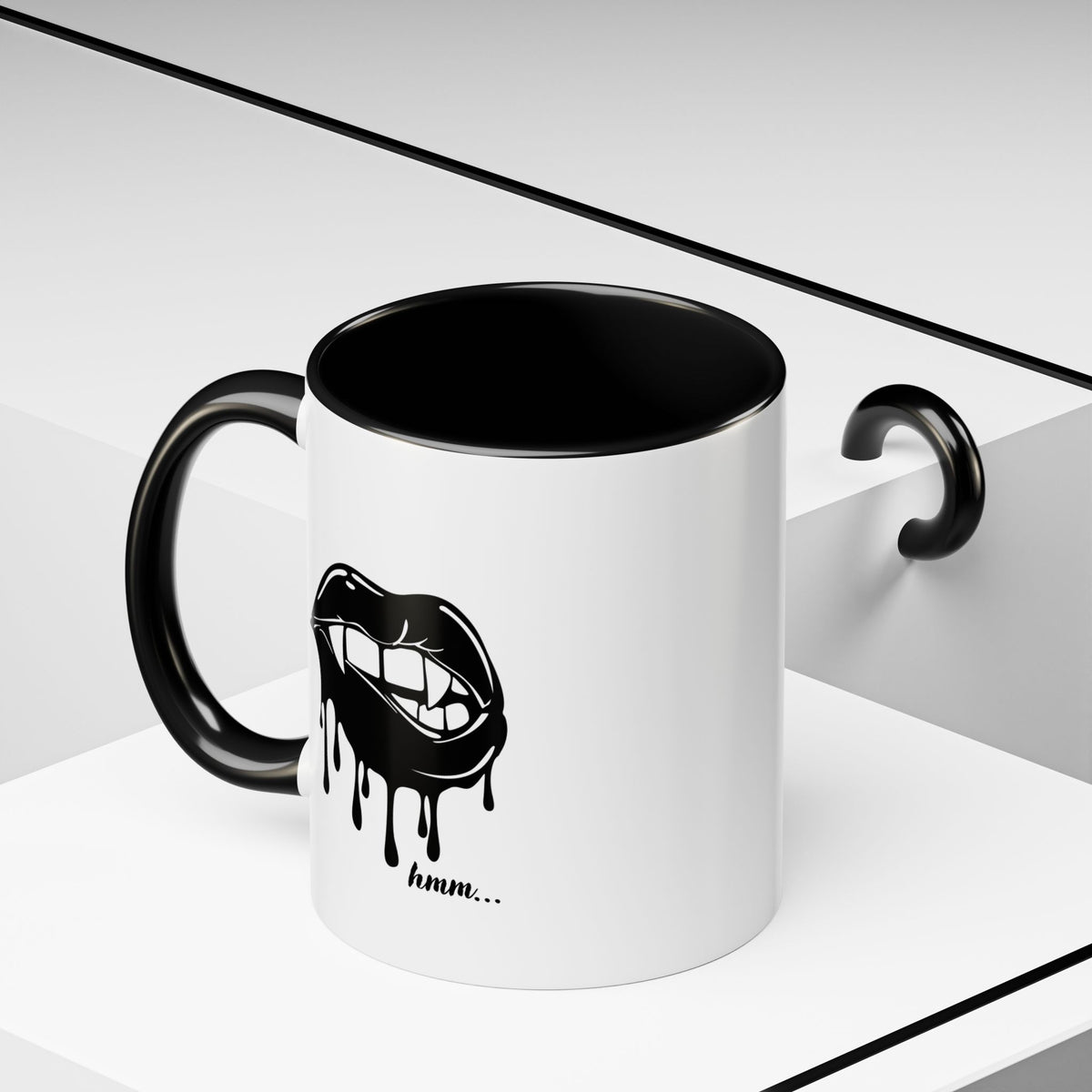 Black Dripping Bite coffee mug by Printify, 11oz or 15oz, featuring a unique dripping bite design on a sleek black accented mug.