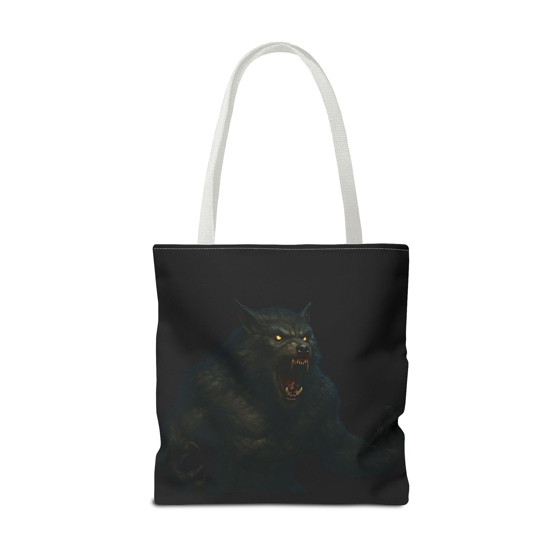 Werewolf tote bag featuring dark Halloween art, perfect gift for horror fans, made by Printify, showcasing a spooky wolf design.