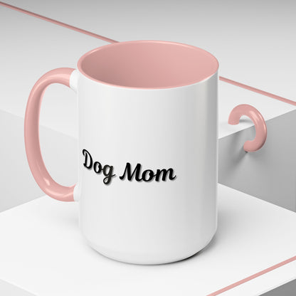 Dog Mom Accent Coffee Mug — white ceramic coffee mug with retro script "Dog Mom" print, colored interior and C-handle, 11oz/15oz, close-up of the printed design