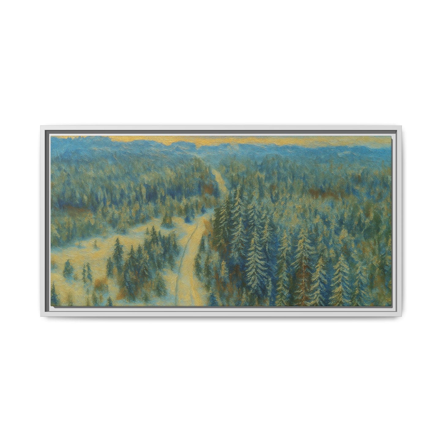 Framed matte canvas print of a serene winter forest landscape by Printify, showcasing snowy trees and peaceful woodland scene.