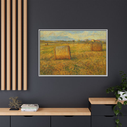 Framed Matte Canvas Wall Art — Rustic Hayfield Landscape Print