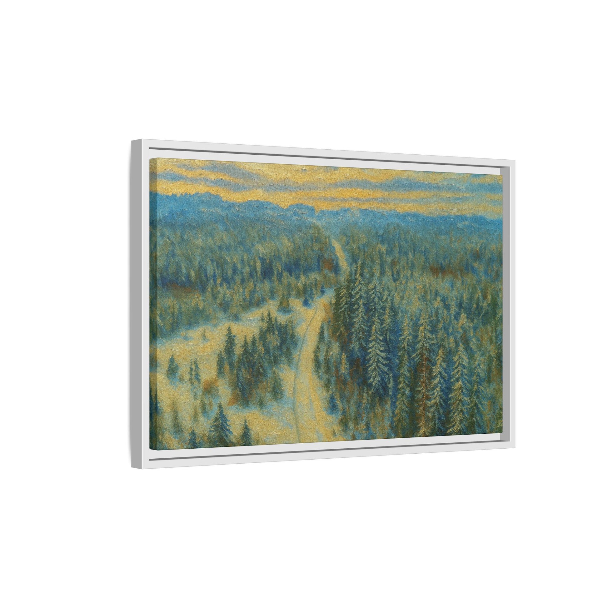 Framed matte canvas print of a serene winter forest landscape by Printify, showcasing snow-covered trees and peaceful scenery.