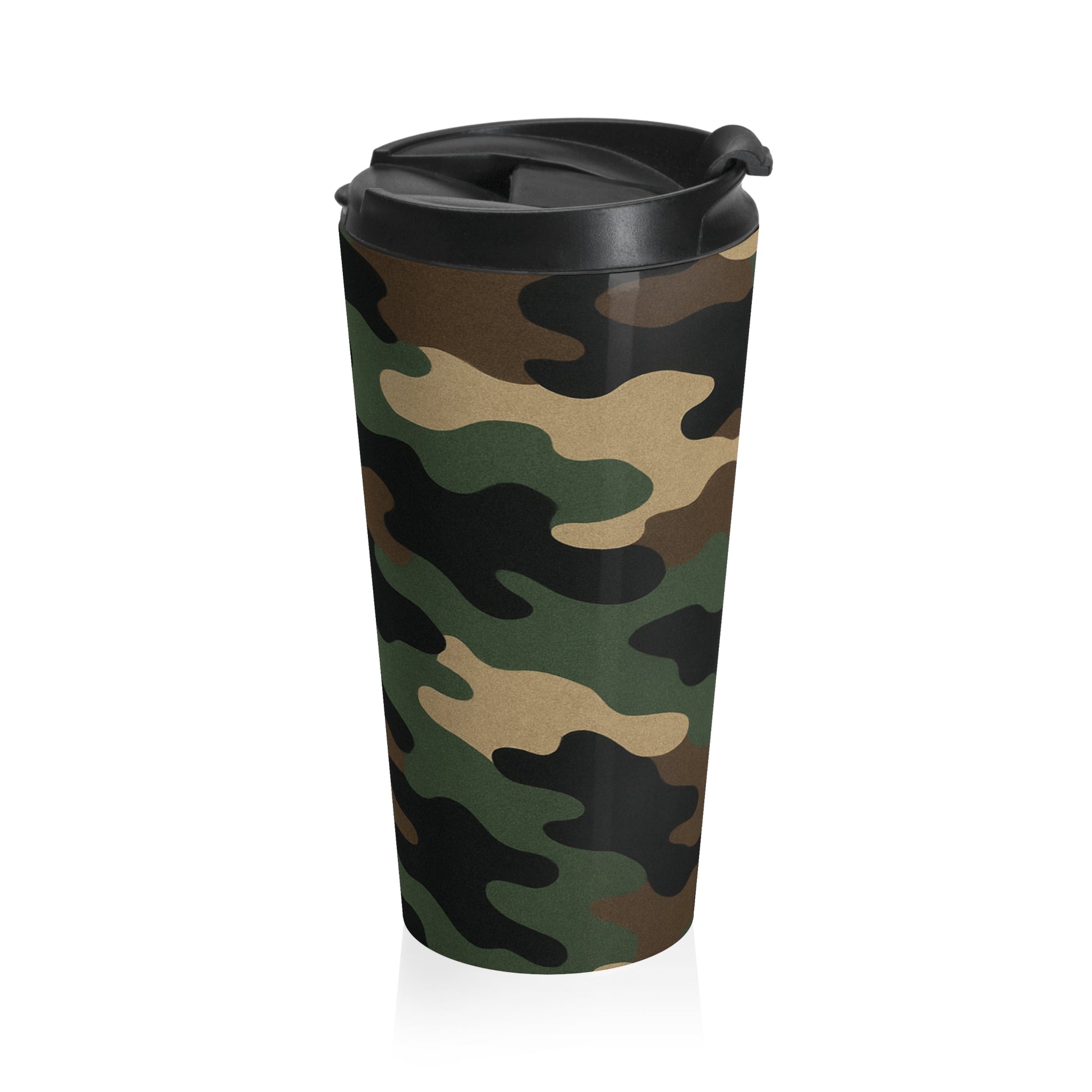 Camo stainless steel travel mug with Printify branding, featuring a camouflage pattern and a secure lid for on-the-go drinking.