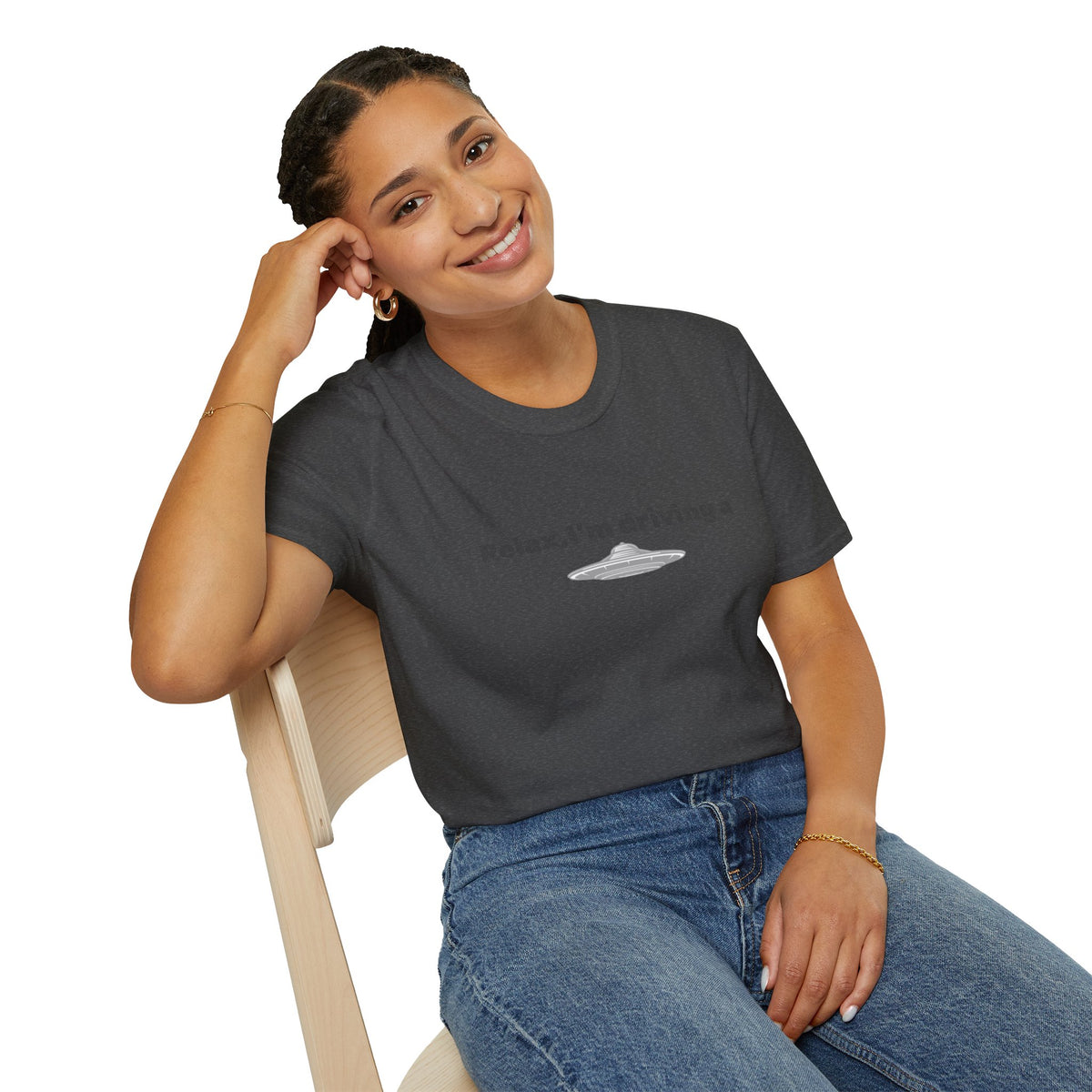 Funny alien graphic T-shirt by Printify featuring a sci-fi inspired UFO design on a casual cotton tee for men and women.